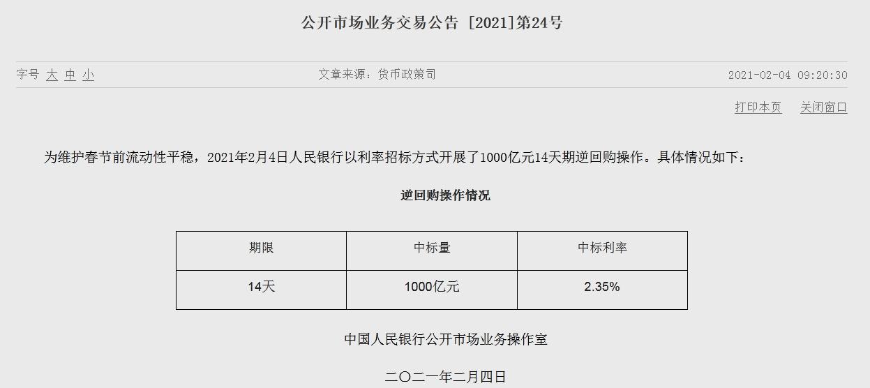 央行重启14天逆回购！中标率保持在2.35%