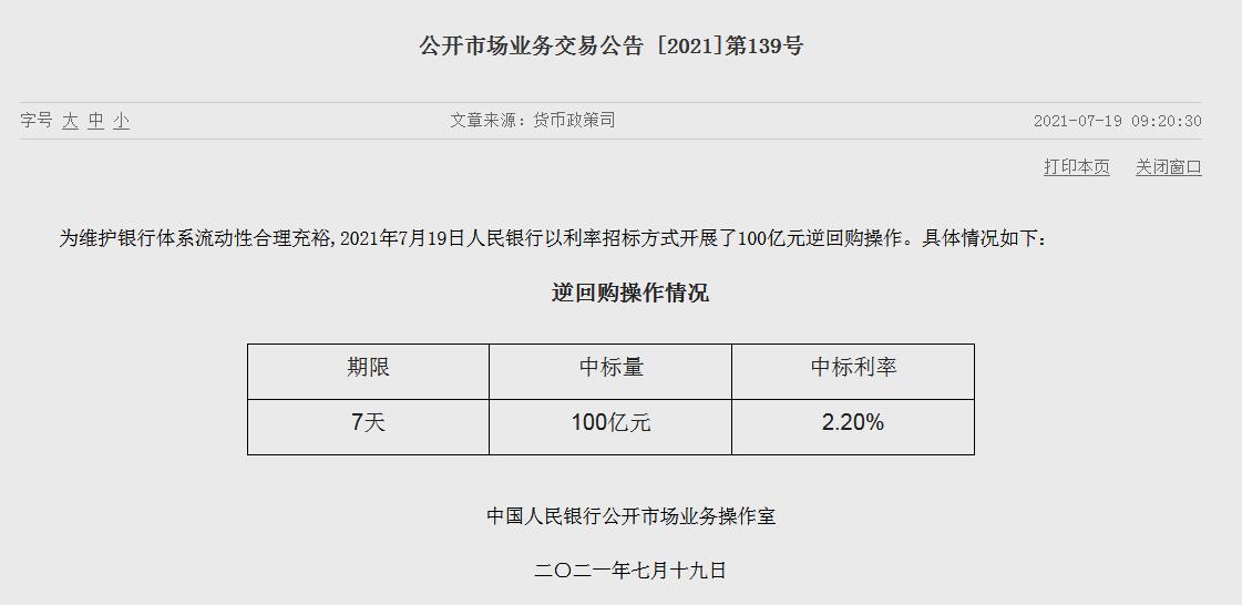 央行7月19日启动100亿元逆回购操作 中标率2.20%