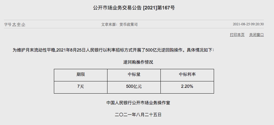 央行近一个月首次发起500亿元逆回购 实现单日净投放