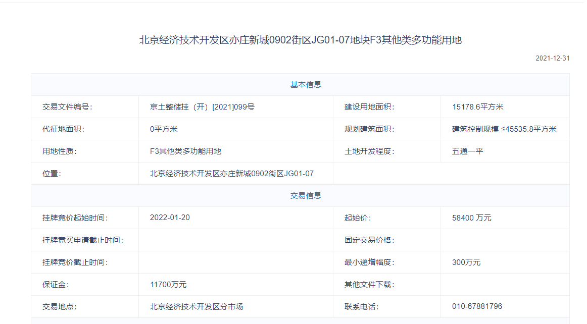 北京某多用途土地挂牌起始价5.84亿元