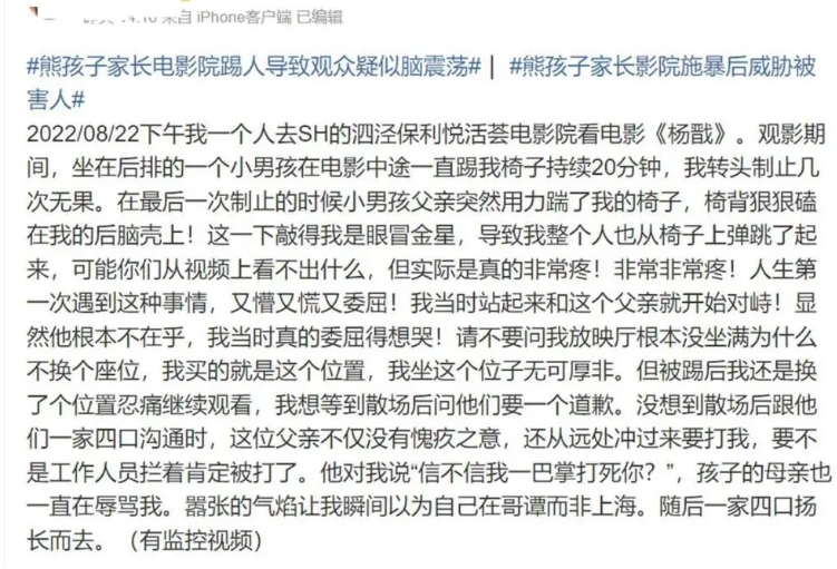 女子称电影院内遭“熊孩子”家长踢伤，警方