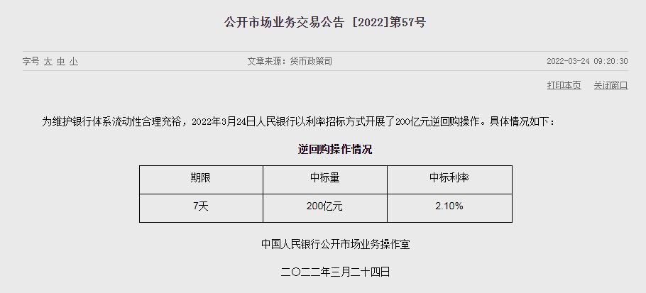 央行开展200亿元7天逆回购操作中标利率