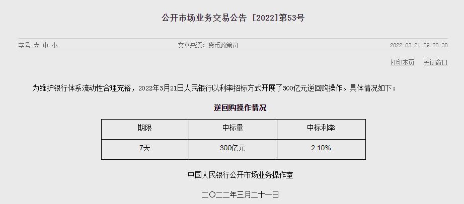 央行开展300亿元7天逆回购操作 中标利